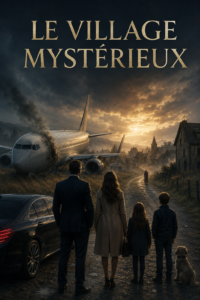 Couverture du roman Le Village mystérieux : une famille de dos devant un avion accidenté et un village isolé