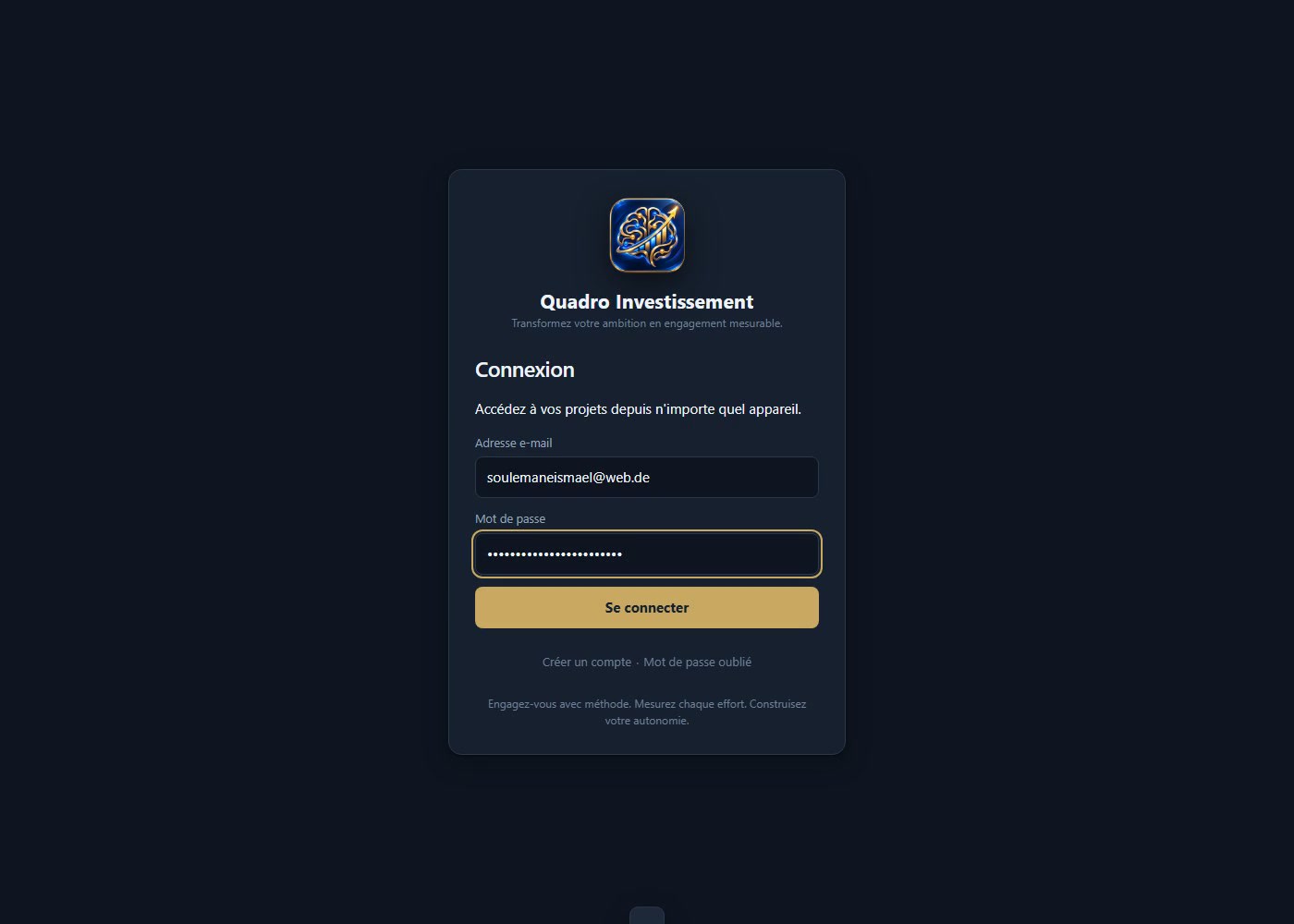 Écran de connexion de Quadro Investissement sous Windows Quadro Investissement Login Screen